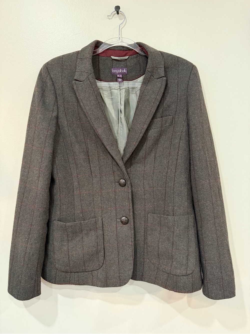 Long Tall Sally Gray Brown Burgundy Herringbone Pinstripe Tailored Blazer Jacket